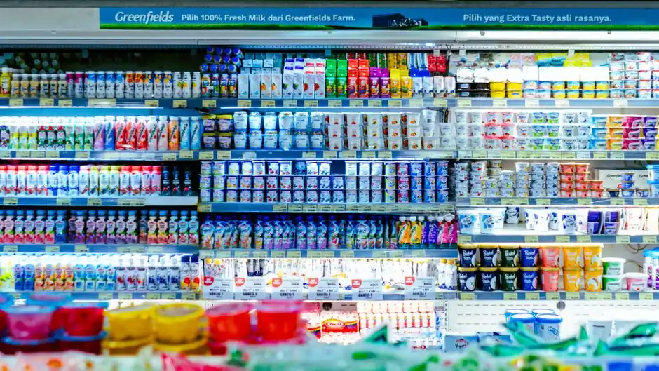Walk-in cooler shelves stocked with dairy products