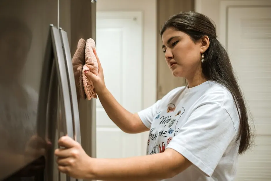 Woman cleaning a refrigerator door in a modern kitchen