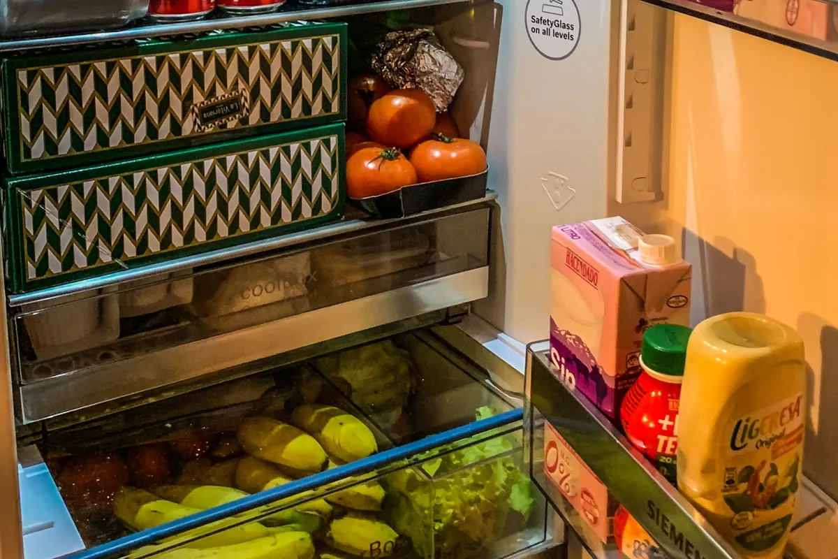 Refrigerator produce drawers with fresh vegetables
